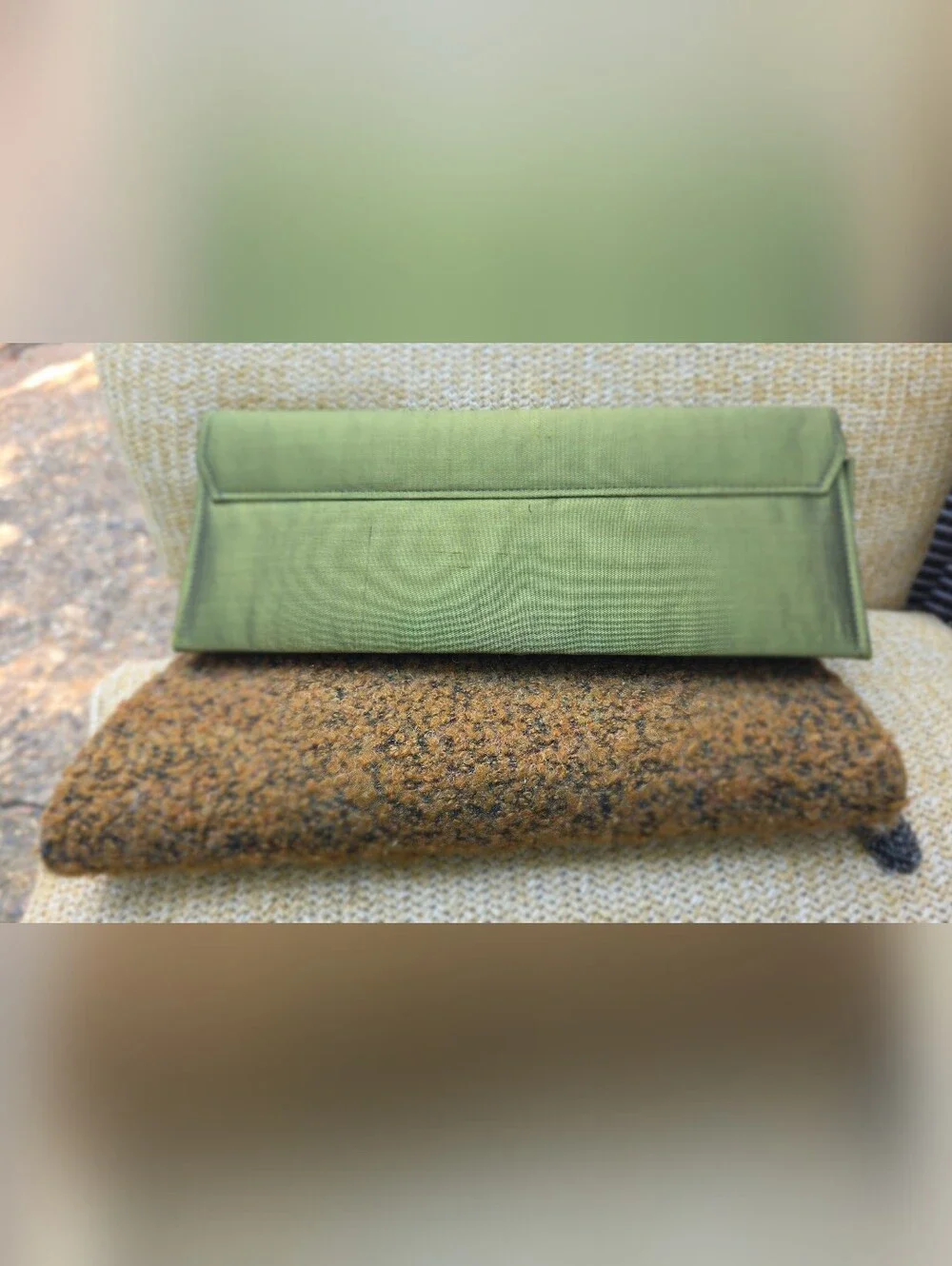 Vintage-Inspired Olive Green Clutch with Decorative Brooch